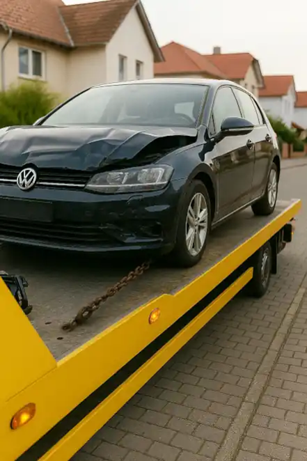 Ein defektes Auto, das zur weiteren Bewertung beim Autoankauf in Eberswalde abgeschleppt wird.